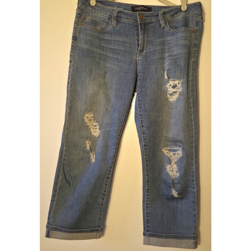 Liverpool Jeans Company Womens Crop Boyfriend Jean Destructed Sz 8/29 Msrp $79